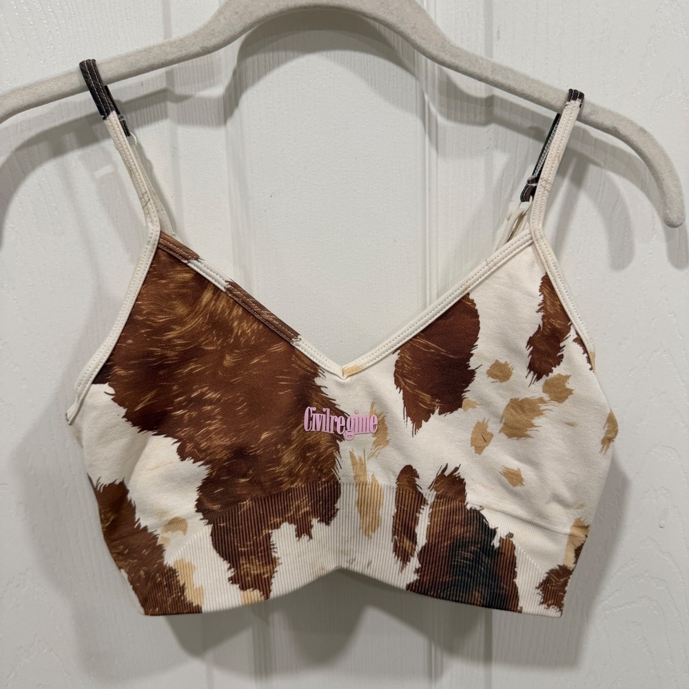 Civil Regime Cow Print Seamless Crop Top Brown White Ribbed V-Neck Medium